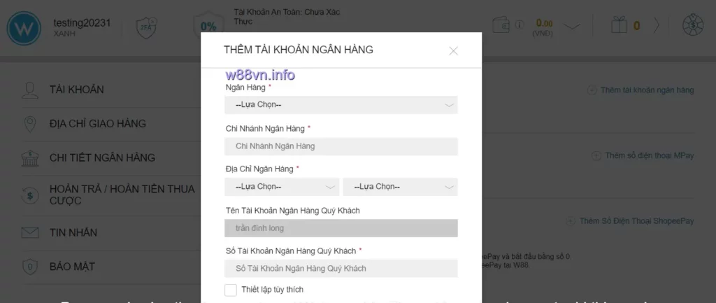 Thêm thông tin tài khoản ngân hàng với W88